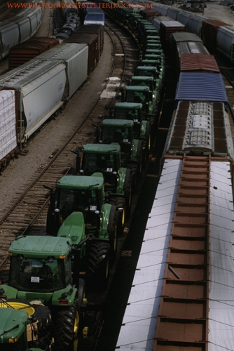 A line of John Deere tractors (from above) at Proviso Yard
