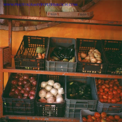 vegetables in bins at Mexican store Ricon de Guayabitos
